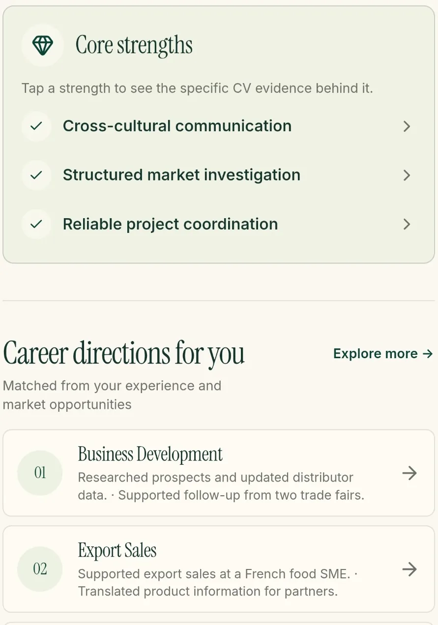 Capture de l’application Onward : compétences de communication, recherche et coordination, puis directions Business Development et Export Sales.